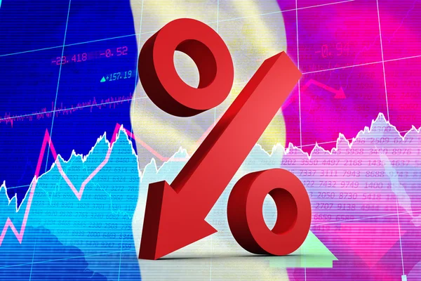 Flecha percentual contra ações e ações — Fotografia de Stock