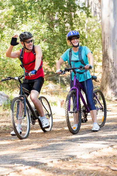 Pareja mayor de pie con su bicicleta — Foto de Stock