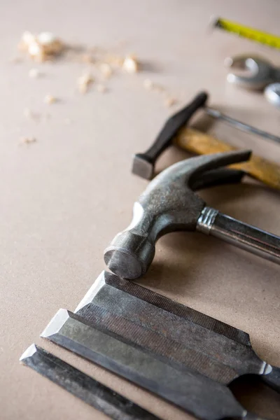 Gereedschappen en werktuigen gebruikt voor timmerwerk — Stockfoto