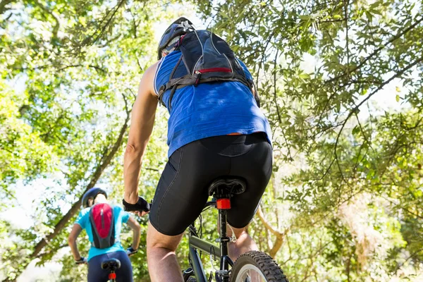 Pareja mayor de pie con sus bicicletas — Foto de Stock