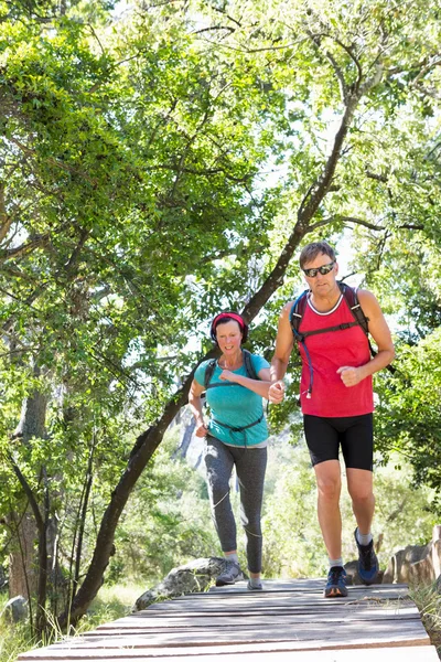 Couple running on the wood — Stock Photo, Image