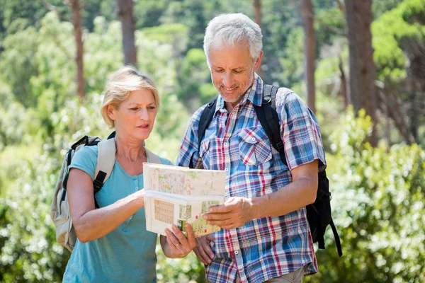 Seniorenpaar schaut auf die Landkarte — Stockfoto
