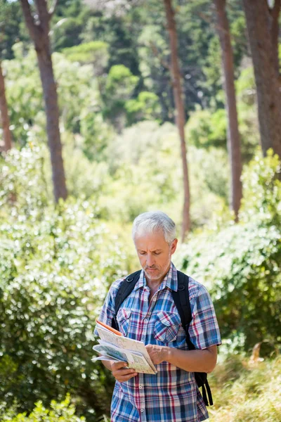 O homem idoso está de pé e carregando um mapa — Fotografia de Stock