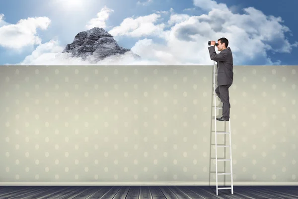 Businessman standing on ladder using binoculars — Stock Photo, Image