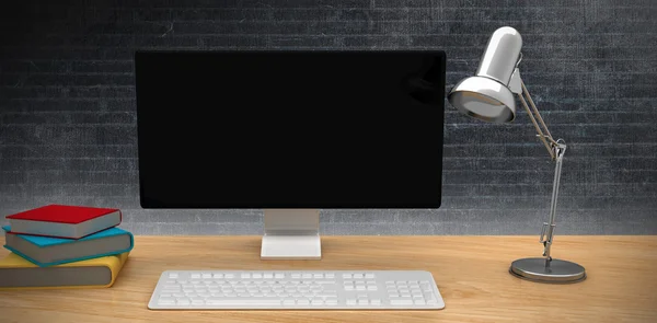 Komputer z lekka lampa na biurko — Zdjęcie stockowe
