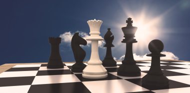 white queen standing with black chess pieces clipart