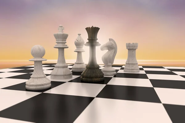 Black queen surrounded by white pieces — Stock Photo, Image
