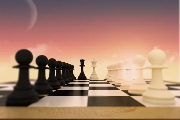 White and black pawns facing off with king and queen — Stock Photo, Image