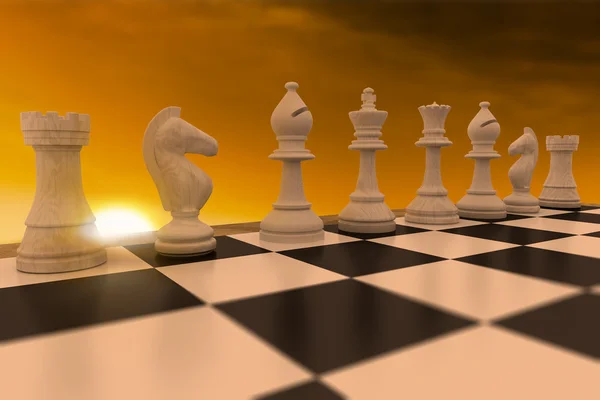 Bílé šachové figurky v řadě — Stock fotografie