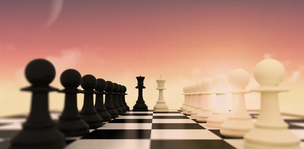 White and black pawns facing off with king and queen — Stock Photo, Image