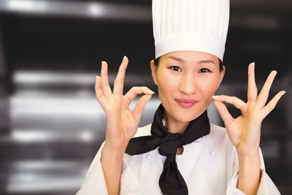 Female cook gesturing okay sign — Stock Photo, Image