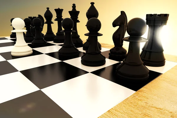 Black chess pieces on board with white pawn — Stock Photo, Image