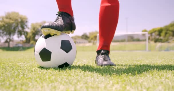 Jugador de fútbol de pie sobre la pelota — Vídeos de Stock