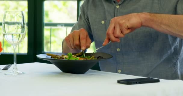 Чоловік дегустує свою тарілку і використовує смартфон — стокове відео