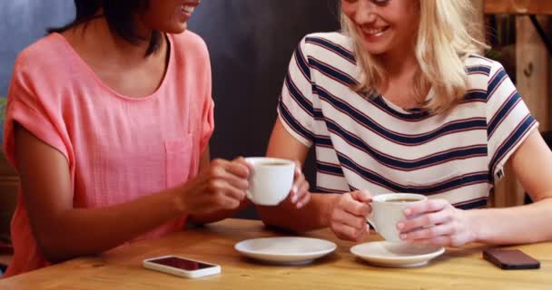 Friends drinking coffee and looking at smartphone — Stock Video