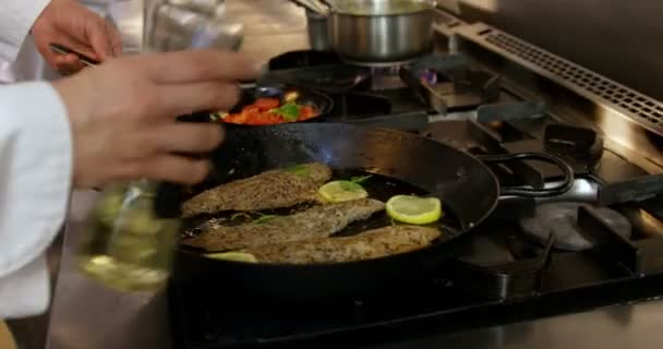 Cuatro chefs cocinando y trabajando — Vídeo de stock