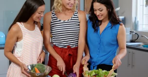 Friends preparing salad together — Stock Video