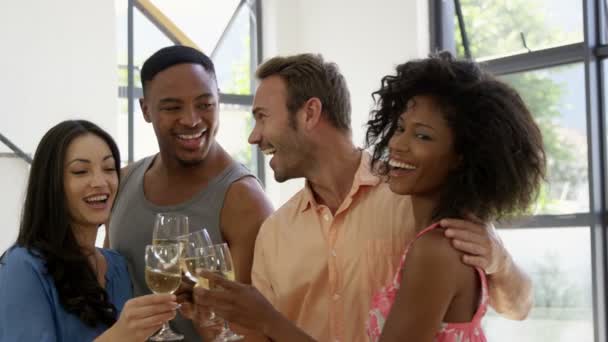 Amigos torcendo com vinho branco — Vídeo de Stock