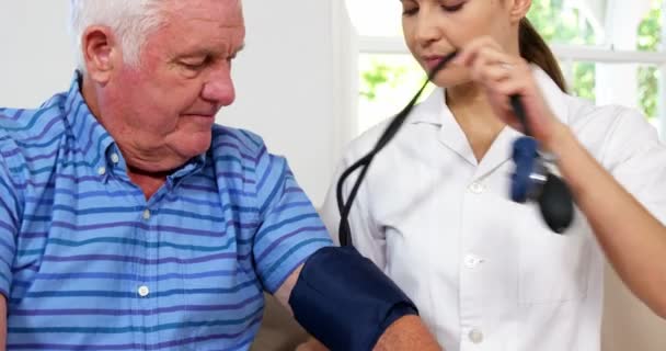Sjuksköterska kontrollera upp blodtrycket — Stockvideo