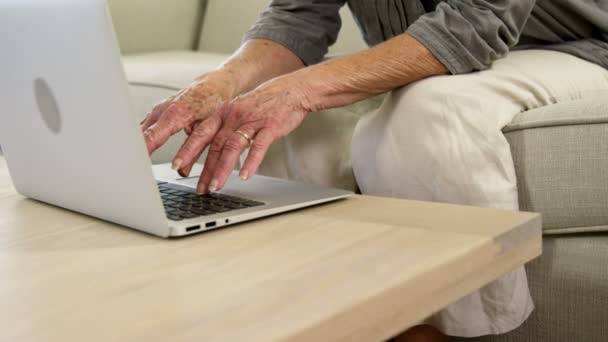 Mujer mayor escribiendo en su computadora — Vídeos de Stock