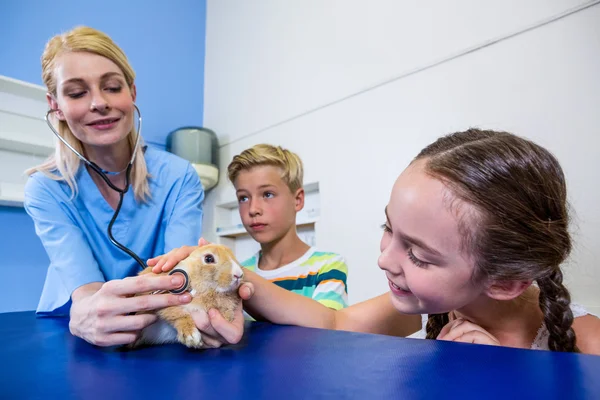 Una donna veterinaria che esamina coniglio con bambini — Foto Stock