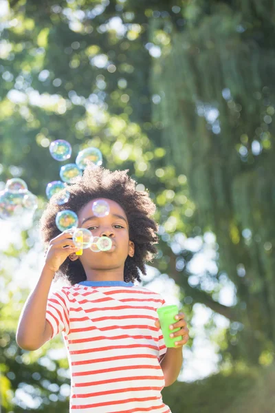 Porträtt av pojke att göra bubblor med bubblan trollspö — Stockfoto