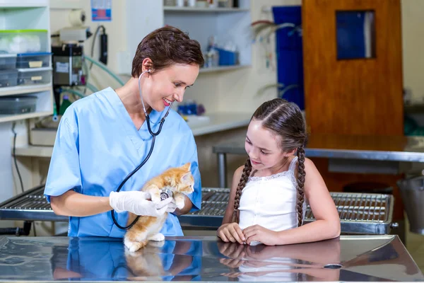 Uma mulher veterinário examinando um gatinho — Fotografia de Stock