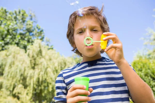 Aranyos fiú játszik bubbles portréja — Stock Fotó