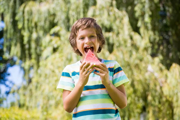 Un niño se va a comer una sandía. —  Fotos de Stock