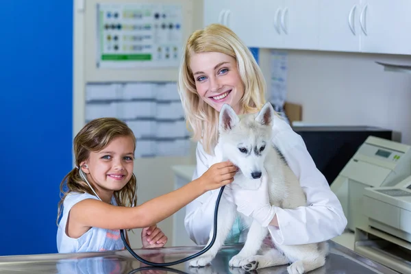 Bambina che esamina un cucciolo con uno stetoscopio — Foto Stock