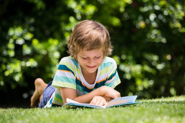 En liten pojke läser en bok — Stockfoto