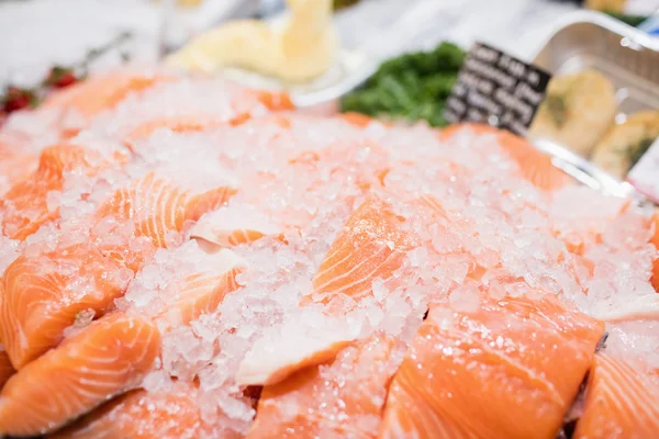 Sales counter with salmon — Stock Photo, Image