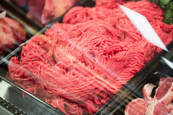 Focus on Shelves with meat — Stock Photo, Image