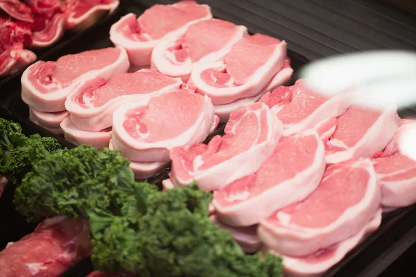 Focus on Shelves with meat — Stock Photo, Image