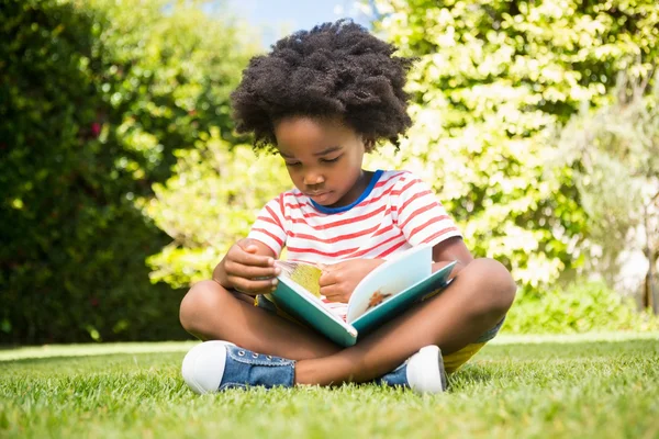 Junge liest im Park ein Buch — Stockfoto