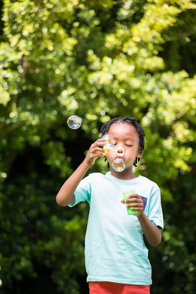 Boy is blowing bubbles — Stock Photo, Image