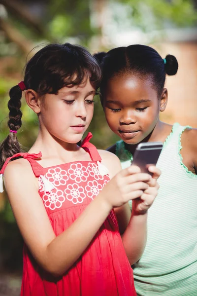 两个女孩看着一部智能手机 — 图库照片