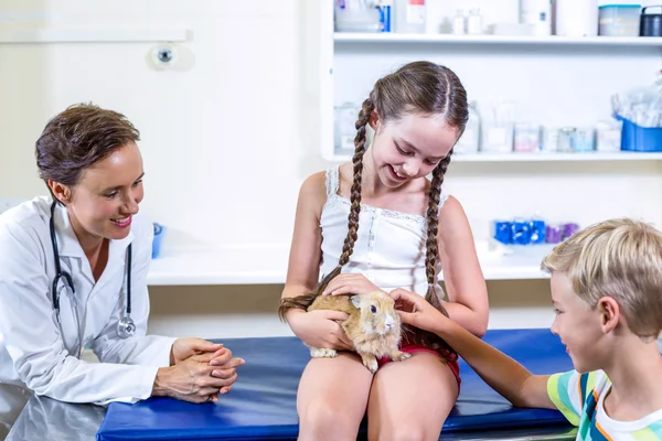 Meisje houdt van een konijn omgeven baai kleine jongen en vrouw — Stockfoto