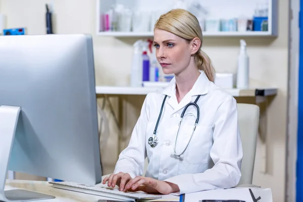 Een dierenarts van de vrouw met haar computer werkt — Stockfoto