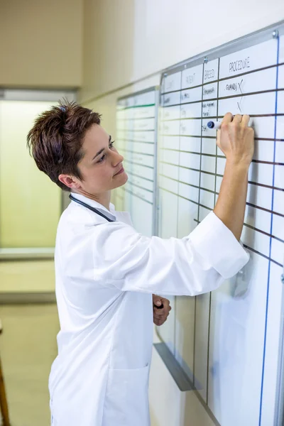 Mujer veterinaria escribiendo algo en un tablero — Foto de Stock