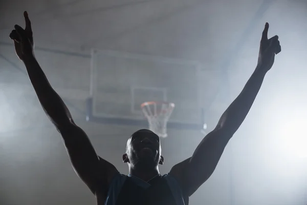 Achteraanzicht van een basketbal-speler met zijn armen in de lucht — Stockfoto