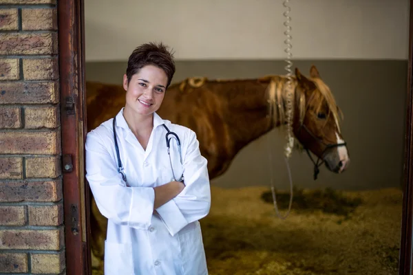 Retrato de una mujer sonriente veterinaria posando frente a un caballo enfermo —  Fotos de Stock