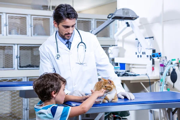 Um veterinário e uma criança tentando dar água a um gato — Fotografia de Stock