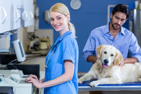 Mujer veterinaria sonriendo y posando delante del dueño con su perro — Foto de Stock