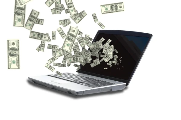 Digitally generated image of money from laptop screen — Stock Photo, Image