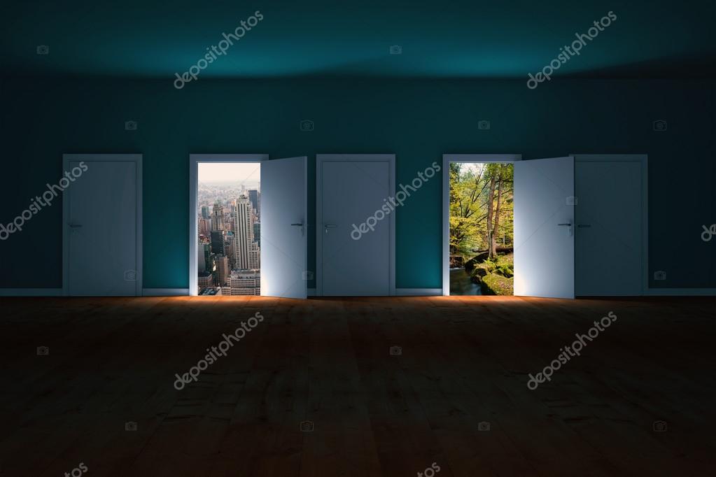 Doors Opening In Dark Room To Show Sky Stock Photo