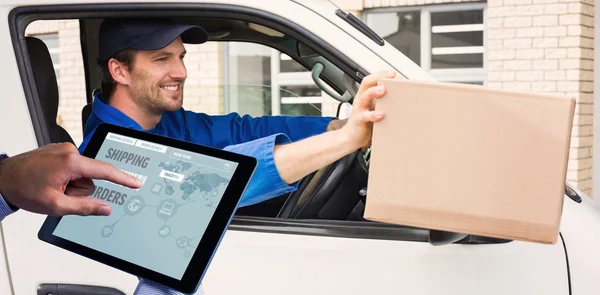 Delivery driver offering parcel — Stock Photo, Image