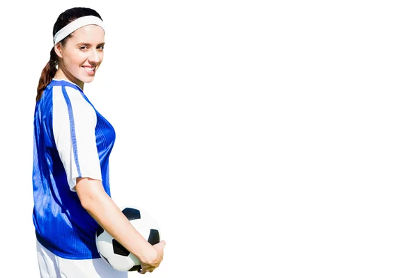 Kvinnan fotbollspelare med boll — Stockfoto