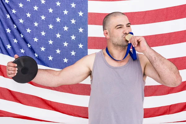 Athlete with olympic gold medal — Stock Photo, Image