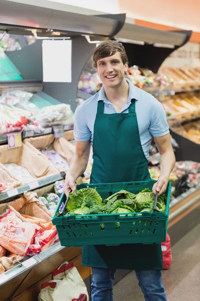 Ember fűszeres gazdaság egy láda zöldség portréja — Stock Fotó